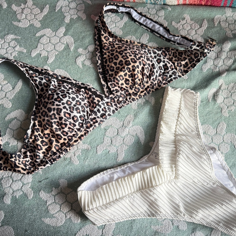 Bikini Two Piece Set Women's Large Cheetah Print Top with White Bottoms Swimwear